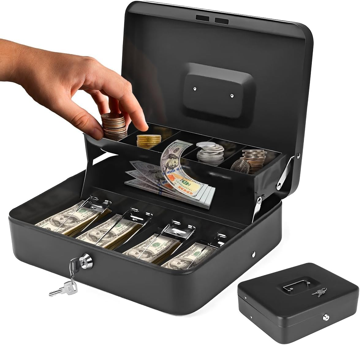 Metal Safe Box with Lock for Bills and Coins, Large Compartments, 2 Keys Included, Secure Locking Mechanism, Practical Spring Clips for Bills image number 4