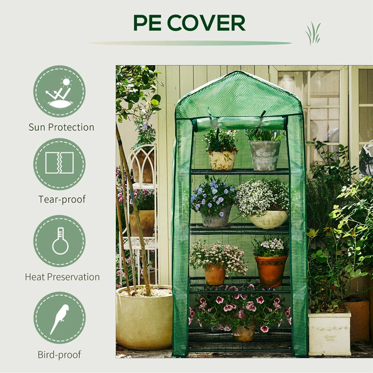 4-Tier Greenhouse Replacement Cover Clear PE Greenhouse Replacement Cover with Roll-Up Zipper Door - 27" L X 19" W X 61" H(Cover Only) PLGH704PEGC image number 3