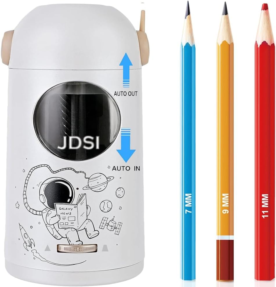 JDSI Lectric Pencil Sharpener Fully Automatic,Auto in & Out, Rechargeable Hands-Free Pencil Sharpener for 7-11.5Mm Jumbo Pencils, Adjustable Pencil Nibs (Whie)