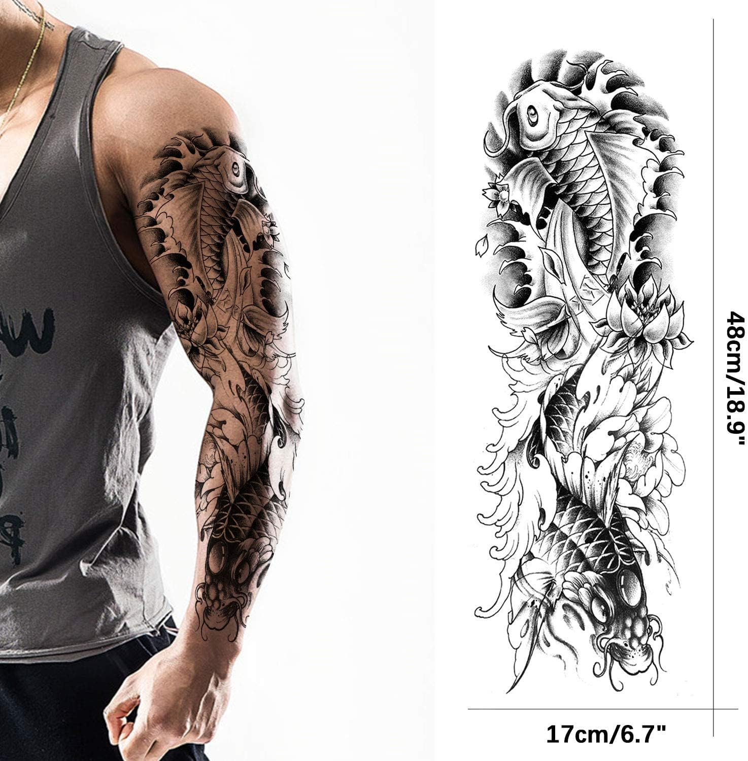 Aresvns Japanese Sleeve Tattoos for Men and Women 20 Sheets, Full Arm Temporary Tattoos for Adults, Waterproof Large Koi Fake Tattoos for BBQ Pool Beach Party