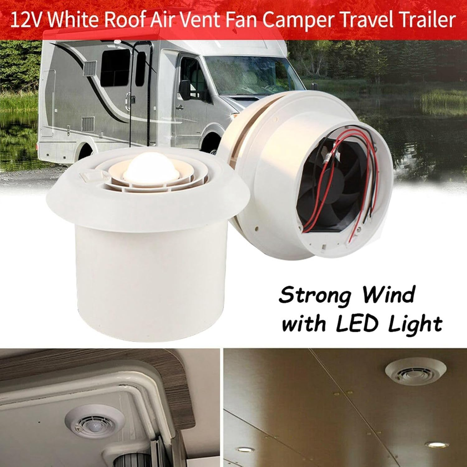 12V RV Roof Ventilation Ceiling Exhaust Fan Air Vent Grille Strong Wind Fan with LED Light for Caravan Trailer