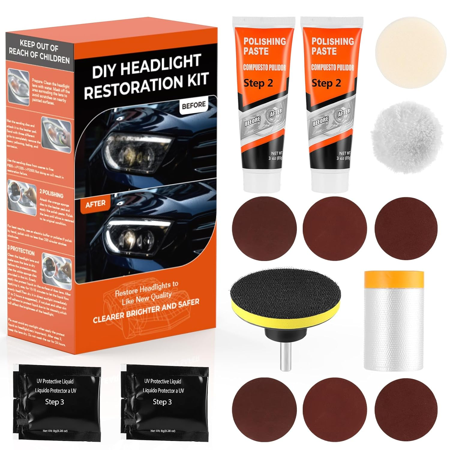 Headlight Restoration Kit, Polish Restore Cleaner Clean Tool DIY Polishing, Sanding Discs, Scouring Pads for Electric Drill, 3 Easy Steps to Restore Sun Damaged Car Headlights Lens image number 2