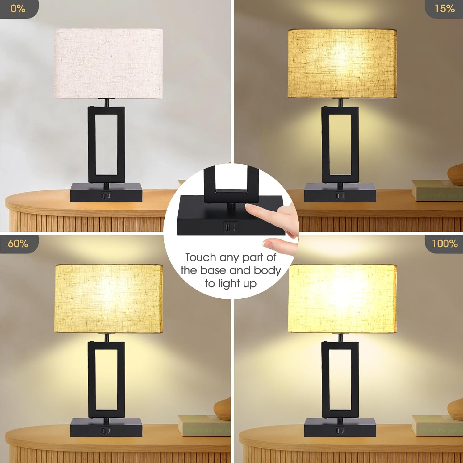 Set of 2 Touch Control Table Lamps for Bedroom: Dimmable Bedside Lamp with USB A/C Ports - Fabric Shade Modern Nightstand Lamp image number 6