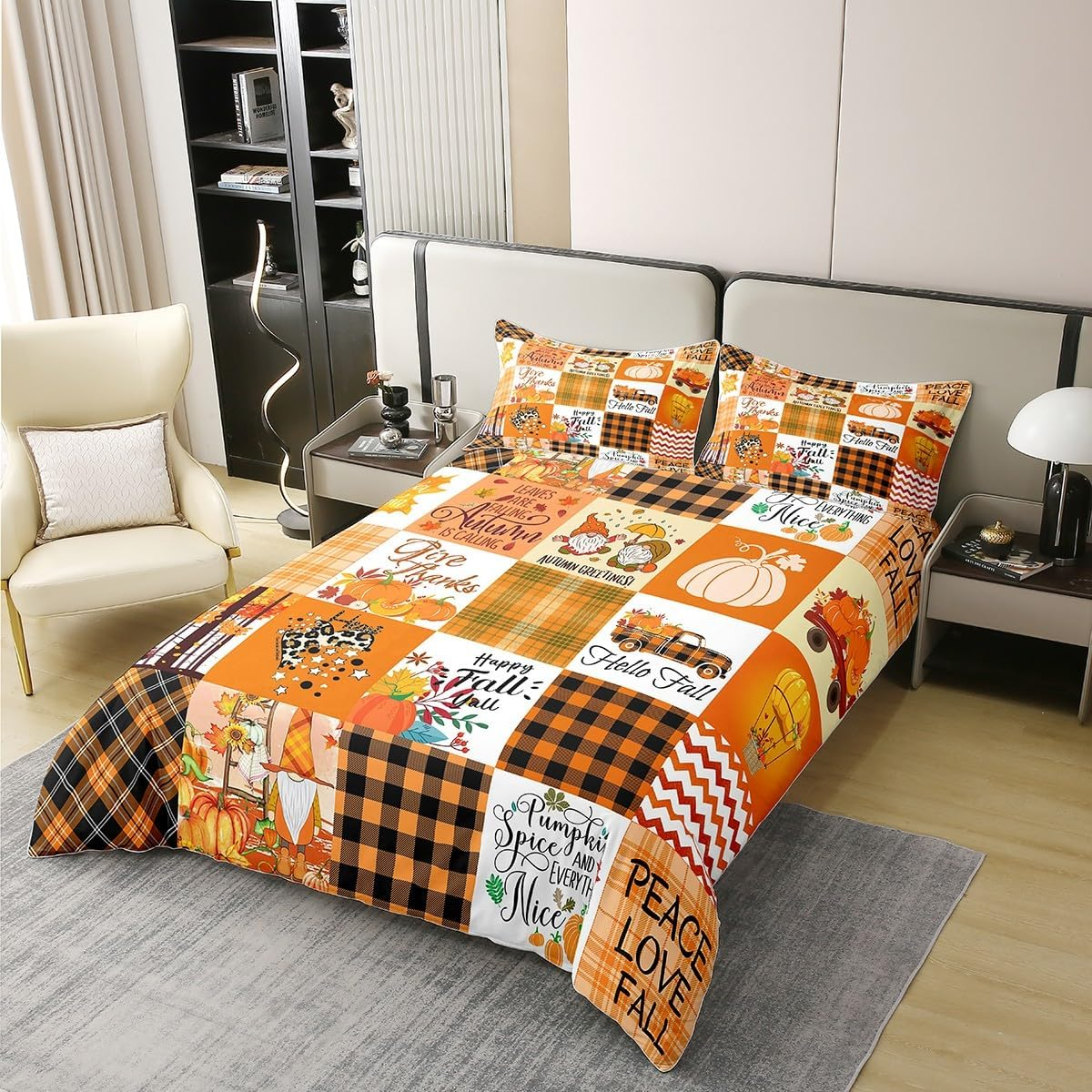 100% Cotton Autumn Greetings Bed Linen Set 200 X 200, Happy Fall Y'All Duvet Cover, Gnome Pumpkin Flowers Comforter Cover for Thanksgiving, Yellow Black Plaid Check Bed Sets with 2 Pillowcases Home image number 4