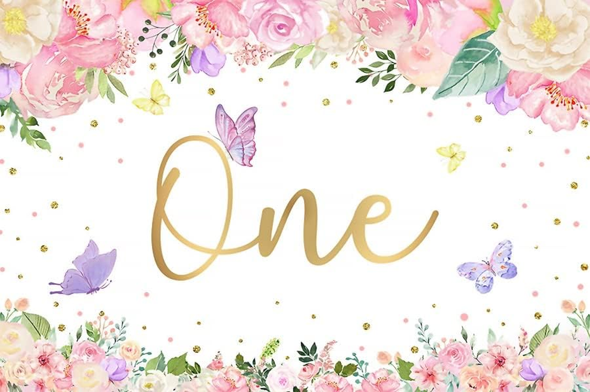 Happy 1St Birthday Backdrop Banner Party Decoration for Girl Happy 1 Year Old Fabric Sign Poster, Floral and Butterfly Photography Background First Birthday Party Supplies, 59"X35.4"