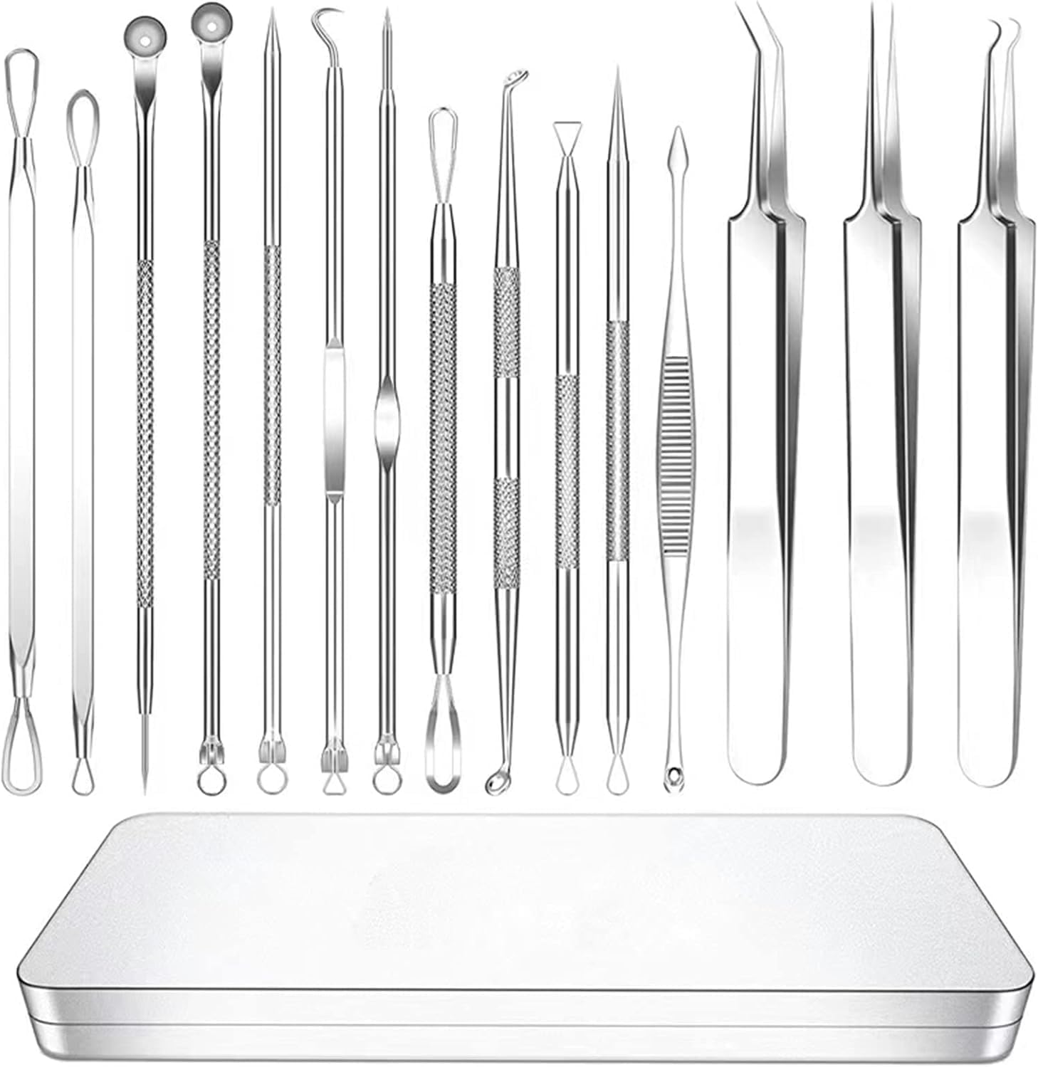 Blackhead Remover Comedone Extractor,15 Pcs Professional Stainless Steel Blackhead Remover Comedone Extractor Tools with Metal Case,Pimple Popper Tool Kit for Blackheads, Blemish, Comdone, Acne image number 3