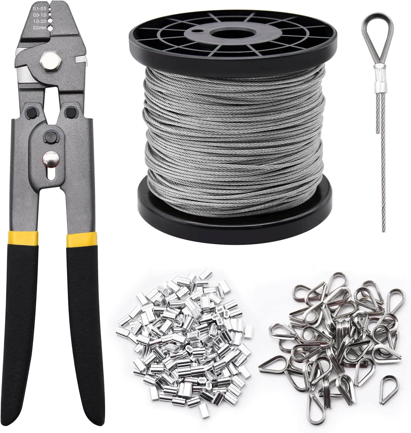 328Ft Wire Rope Crimping Tool Kit, Stainless Steel Wire Rope Cable with Aluminum Crimping Sleeves and Stainless Steel Thimbles for Railing, Decking, Picture Hanging (328Ft) image number 3