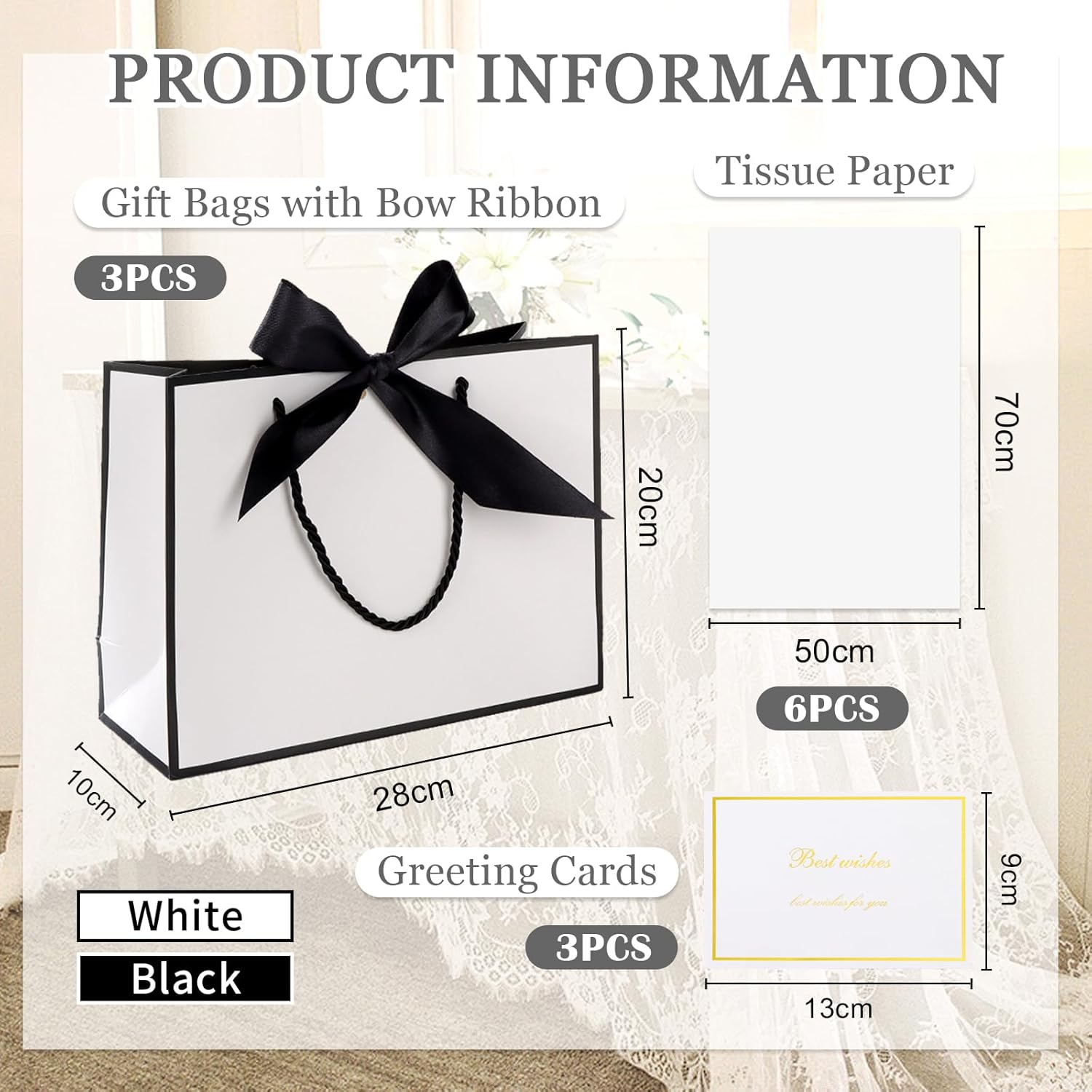 Jotia 3 Sets 28X20X10Cm Gift Bags with Bow Ribbon, Including 3Pcs Gift Bags with 6Pcs Tissue Paper 3 Greeting Cards, Paper Bag with Handle for Birthday Graduation Anniversary Christmas (White)
