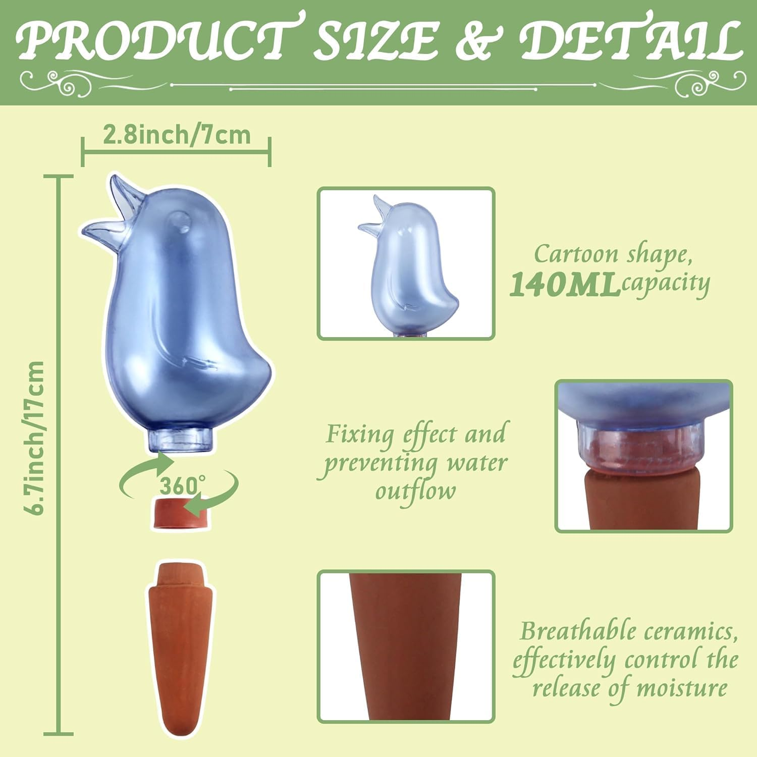 Acemedia 4 Pack Self Watering Spikes, Indoor Plant Watering Globes, Bird Shape Automatic Irrigation Spikes,Plant Watering Devices（Blue） image number 3