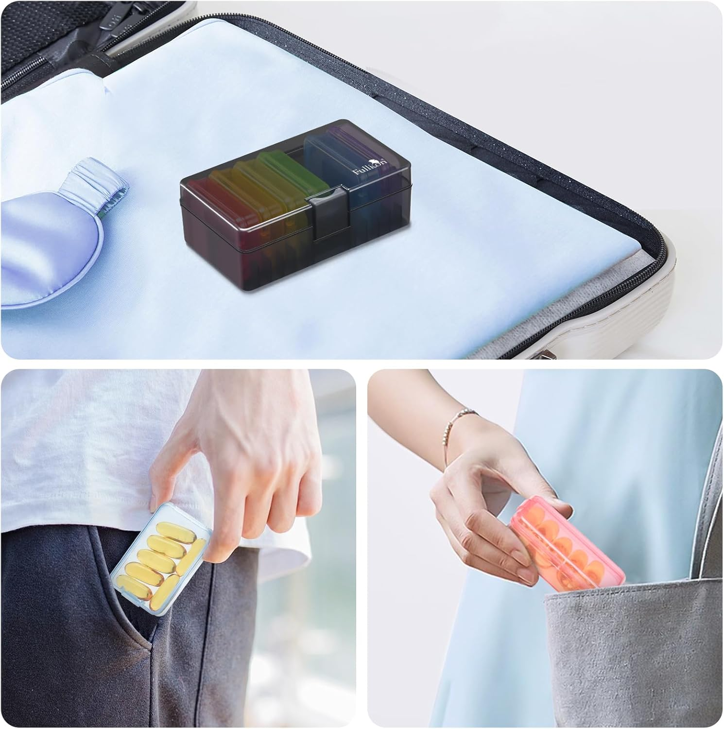 Fullicon Small Pill Case for Purse, Travel Medicine Pill Organizer, Weekly 7 Day Daily Pill Box, Pocket Pharmacy Pill Container Dispenser Holder with Labels (Black Rainbow) image number 2
