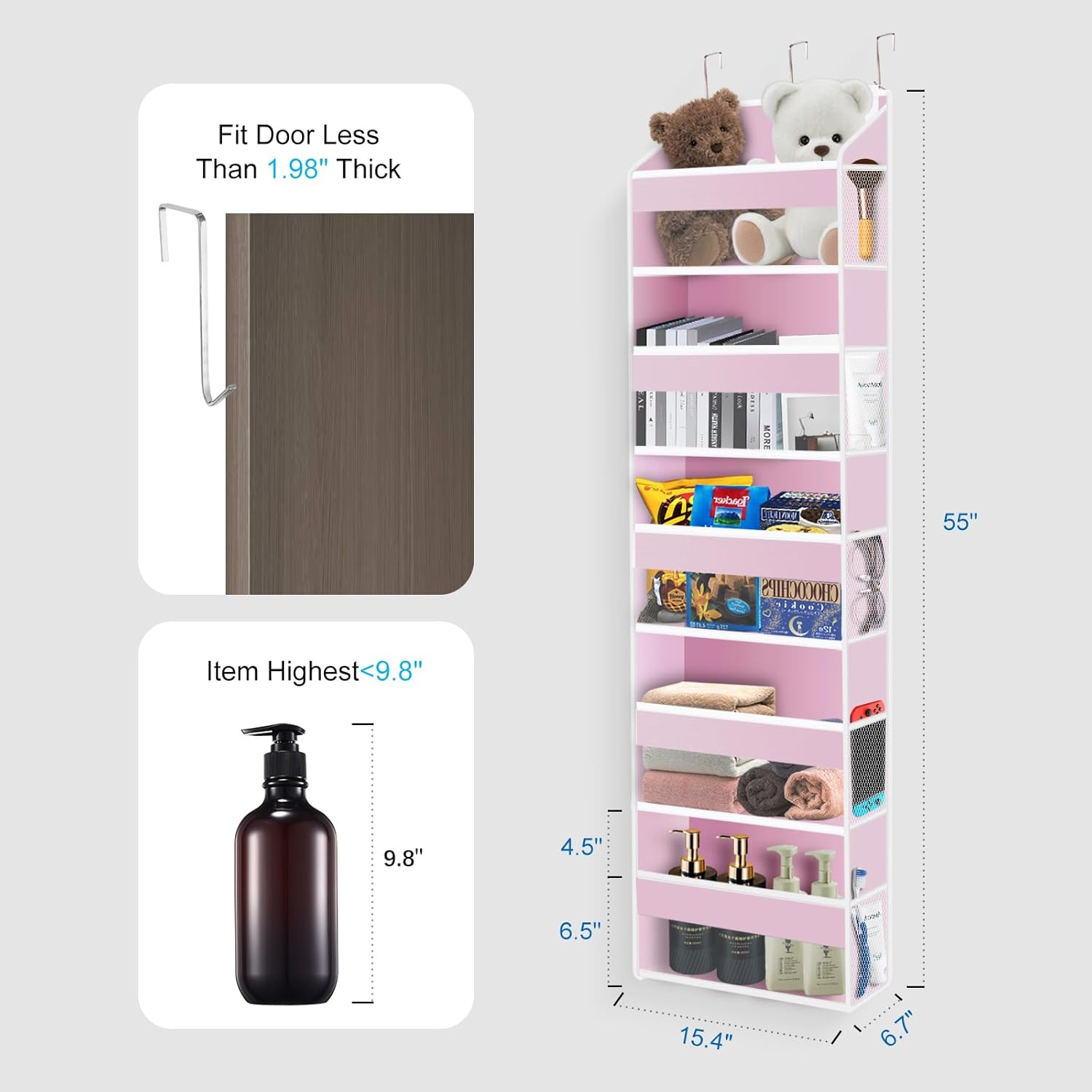 Xifllife over the Door Organizer Closet,5 Bins 10 Side Pockets,Hanging Door Organizer,Anti Tilt 44 Lbs Load Door Organizers and Storage with Clear Window for Bedroom,Nursery,Rv,Bathroom,Camper(Pink) - Black image number 7