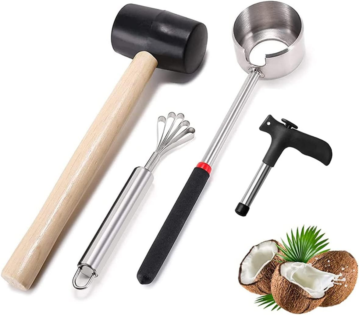 Coconut Opener Tool Set, Food Grade Stainless Steel Coconut Opener Kit, Shell Opener, Hammer, Coconut Grater, Hole Opener (4 Pieces) image number 3