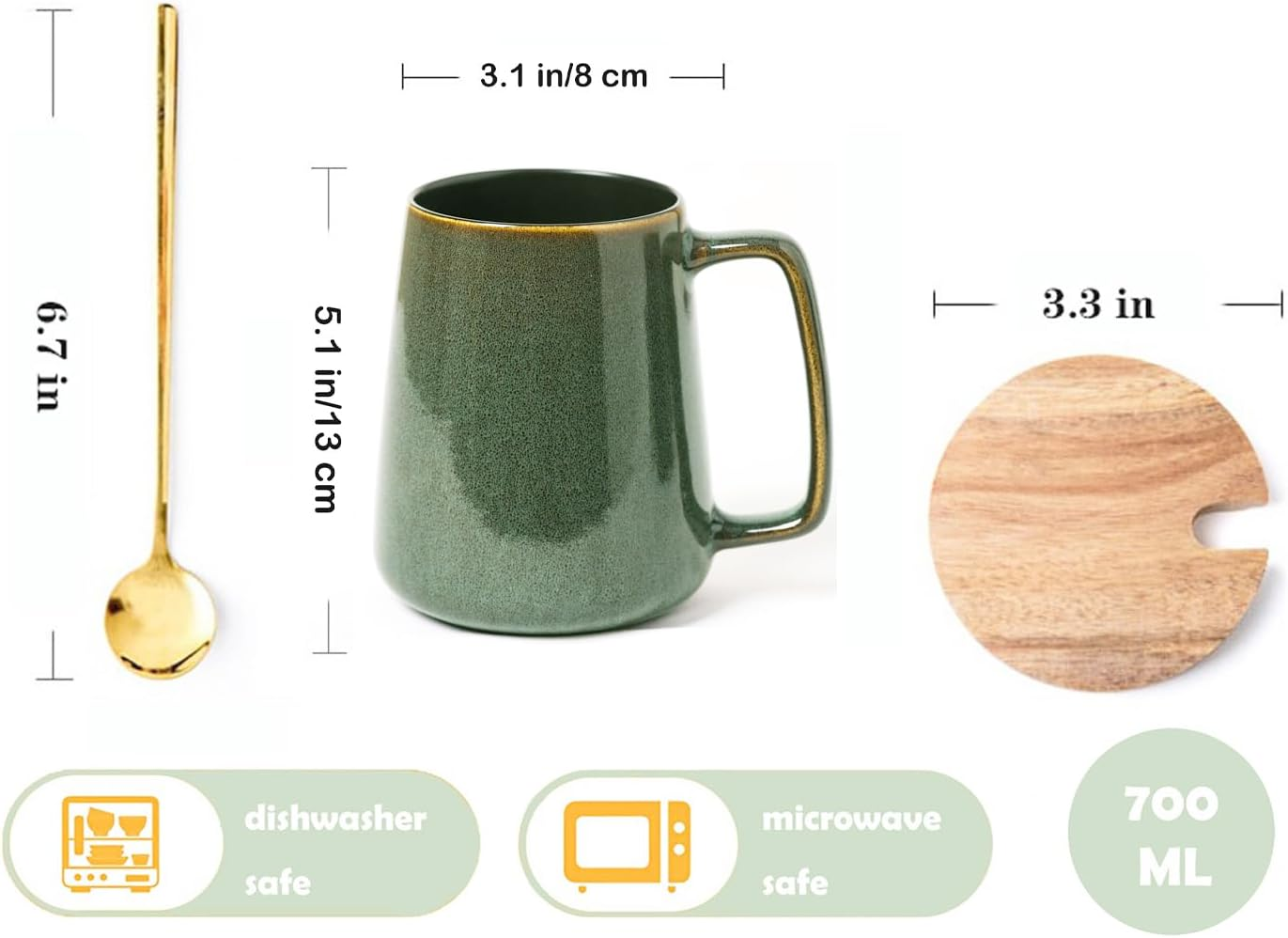 Large Ceramics Coffee Mugs,24 Oz,With Spoon and Wooden Lid,For Coffee,Tea,Cocoa,Large Handle Design,Microwave and Dishwasher Safe (24 Oz Green Set) - 24 Oz Blue Set image number 6