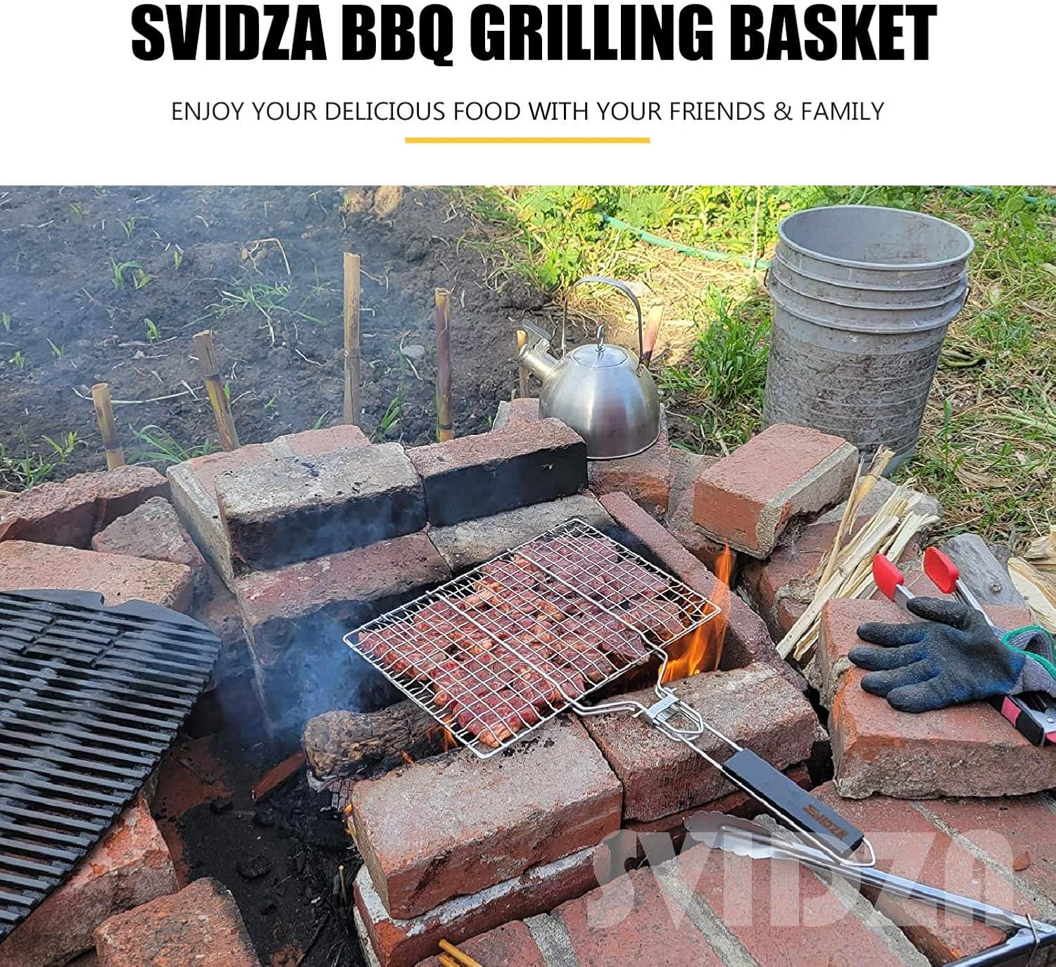 Fish Grill Basket, Svidza Portable Outdoor Non-Stick Grilling Basket for Fish, Vegetables, Shrimp and Steak. Thickened 304 Gardening Grill Netting Lasts Longer image number 1