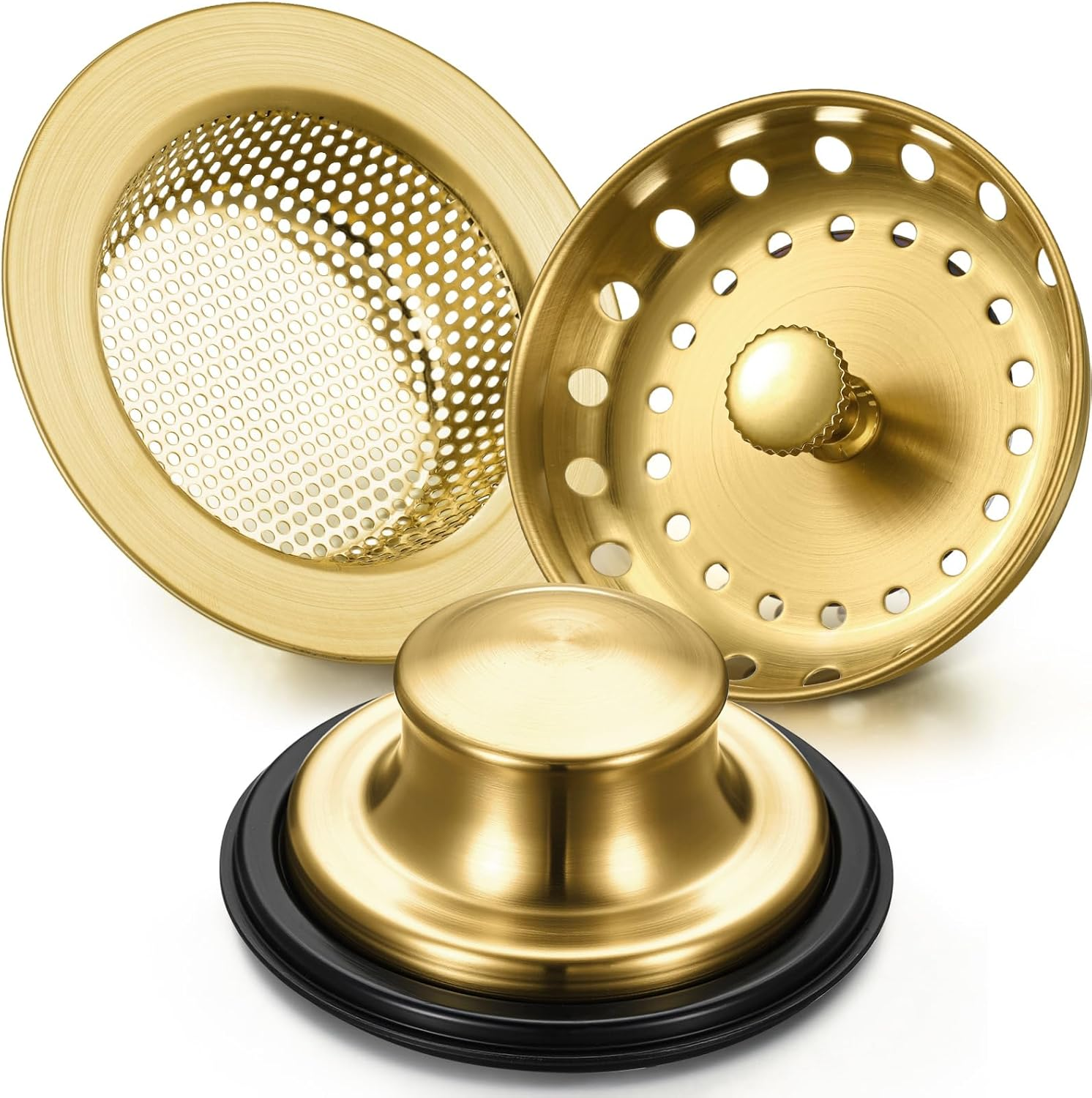 Mudder 3 Pcs Kitchen Sink Drain Strainer and Stopper Stainless Steel Garbage Disposal Plug with Handle Universal Anti-Clogging Kitchen Sink Filter Sieve Basket Strainer(Black)