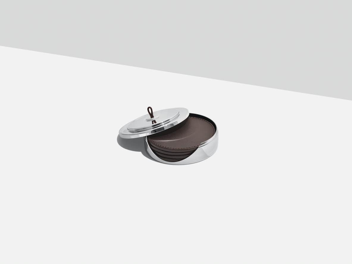 Georg Jensen Manhattan Drink Coaster Set in Dark Leather - Mirror Polished Stainless Steel Case with Handle image number 3