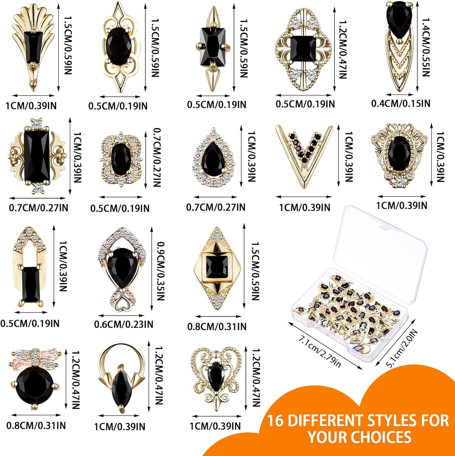Leelosp 24 Pieces 3D Nail Charms Gold Luxury Black Rhinestones Nail Charms for Acrylic Nails Black Zircon Jewels Crystals Rhinestones with Storage Box for DIY Craft Art image number 3