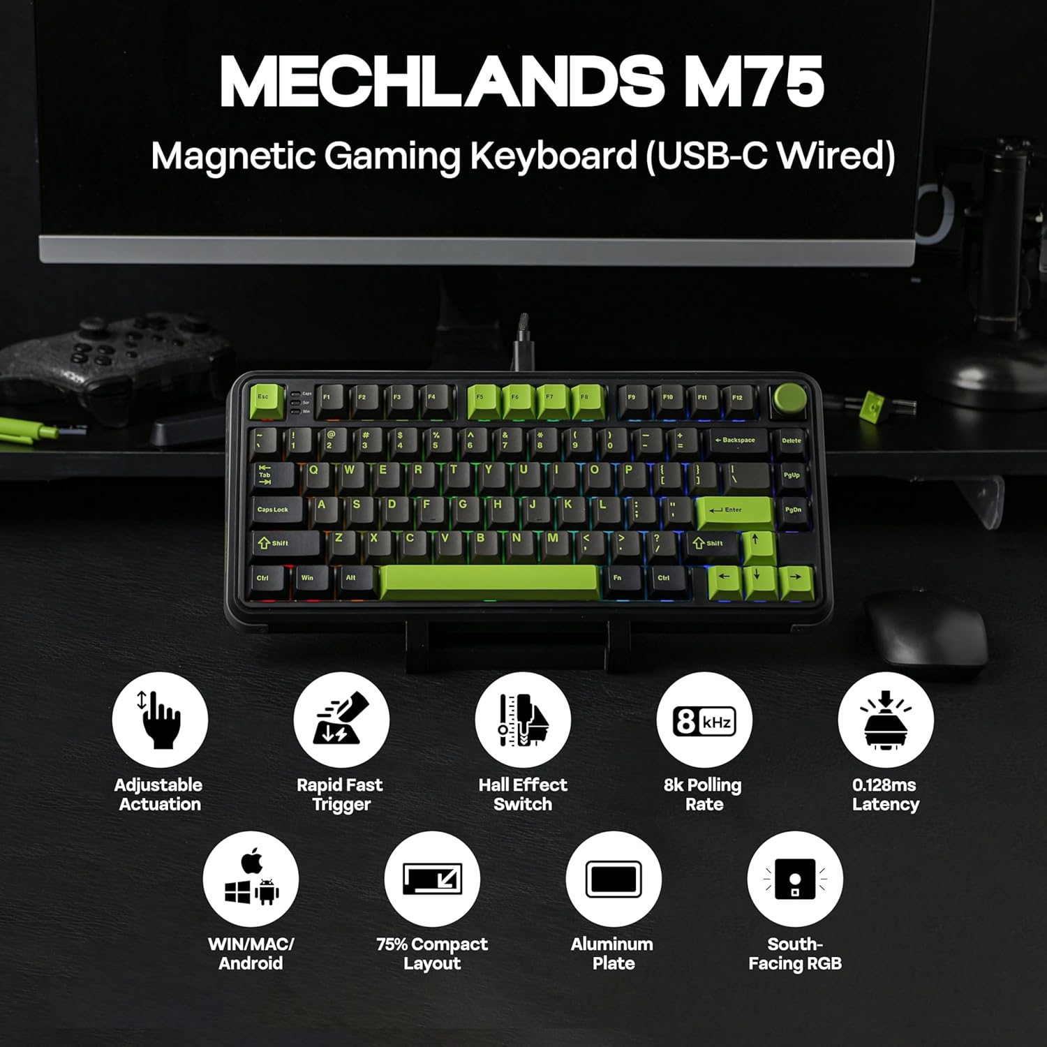 M75 Wired Hall Effect Gaming Keyboard with 8K Polling Rate, 0.128Ms Latency, 75% Rapid Fast Keyboard with DKS/MT/TGL/SOCD, Hot-Swappable Magnetic Switch, Knob, RGB Backlits, NKRO image number 5