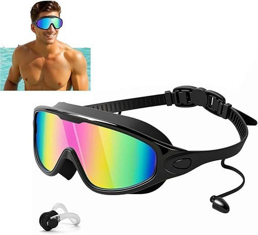 Swim Goggles Large Frame, Swimming Glasses for Children, Anti-Fog, Watertight, 180&deg; Wide Field of View Leak Proof Swimming Goggles with Ear Plugs, Nose Clips for Women Men Adult Teenagers