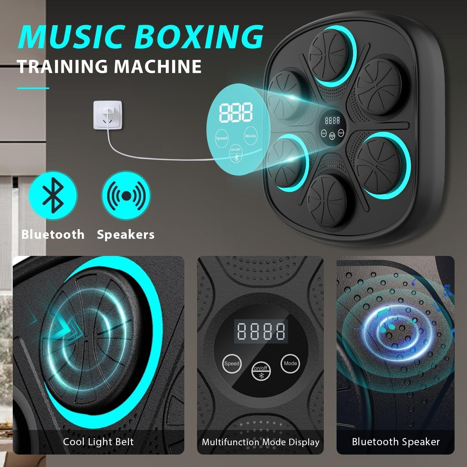 Youngly 2025 New Smart Music Boxing Machine with Boxing Gloves, Wall Mounted Smart Bluetooth Boxing Trainer with LED, Electronic Focus Agility Training Digital Boxing for Adults and Kids(Blue Light) image number 6