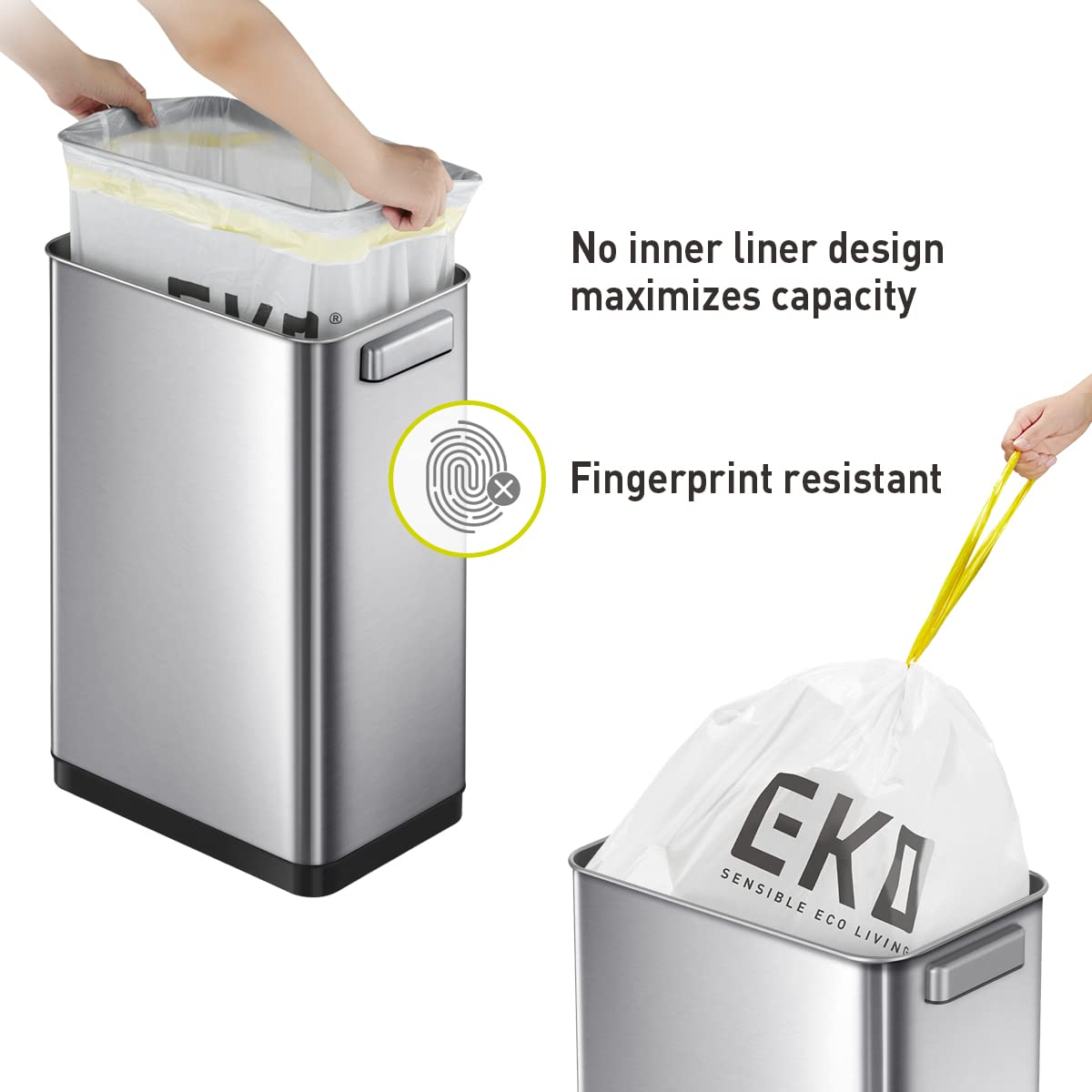 EKO Deluxe Mirage-T 50 Liter / 13.2 Gallon Touchless Rectangular Motion Sensor Trash Bin, Matte Stainless Steel Finish