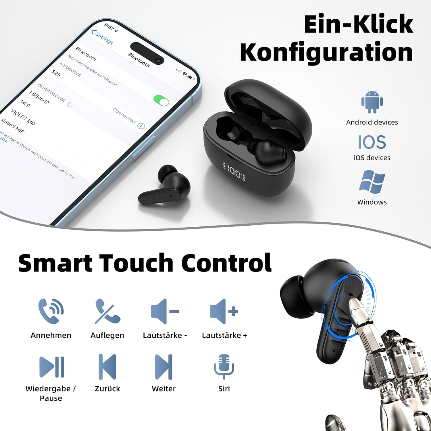 Bluetooth Headphones, 2025 In-Ear Headphones Wireless Bluetooth 5.3 with 4 Microphones, ENC Noise Reduction Wireless Headphones, IPX7 Waterproof, 36 Hours Playtime, Hifi Stereo, LED Display, USB-C image number 3