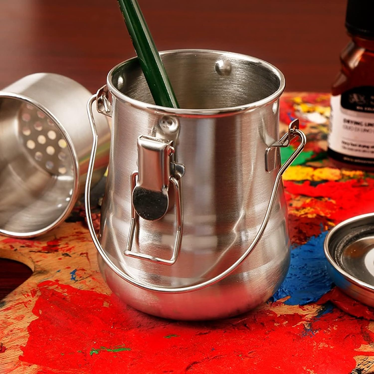 DIRBUY Oil Paint Brush Washer, Portable Stainless Steel Leak-Proof Paint Brush Washer with Lid and Filter Screen for Oil Painting, 3.9 Tall X 3.4 Inch Diameter image number 6