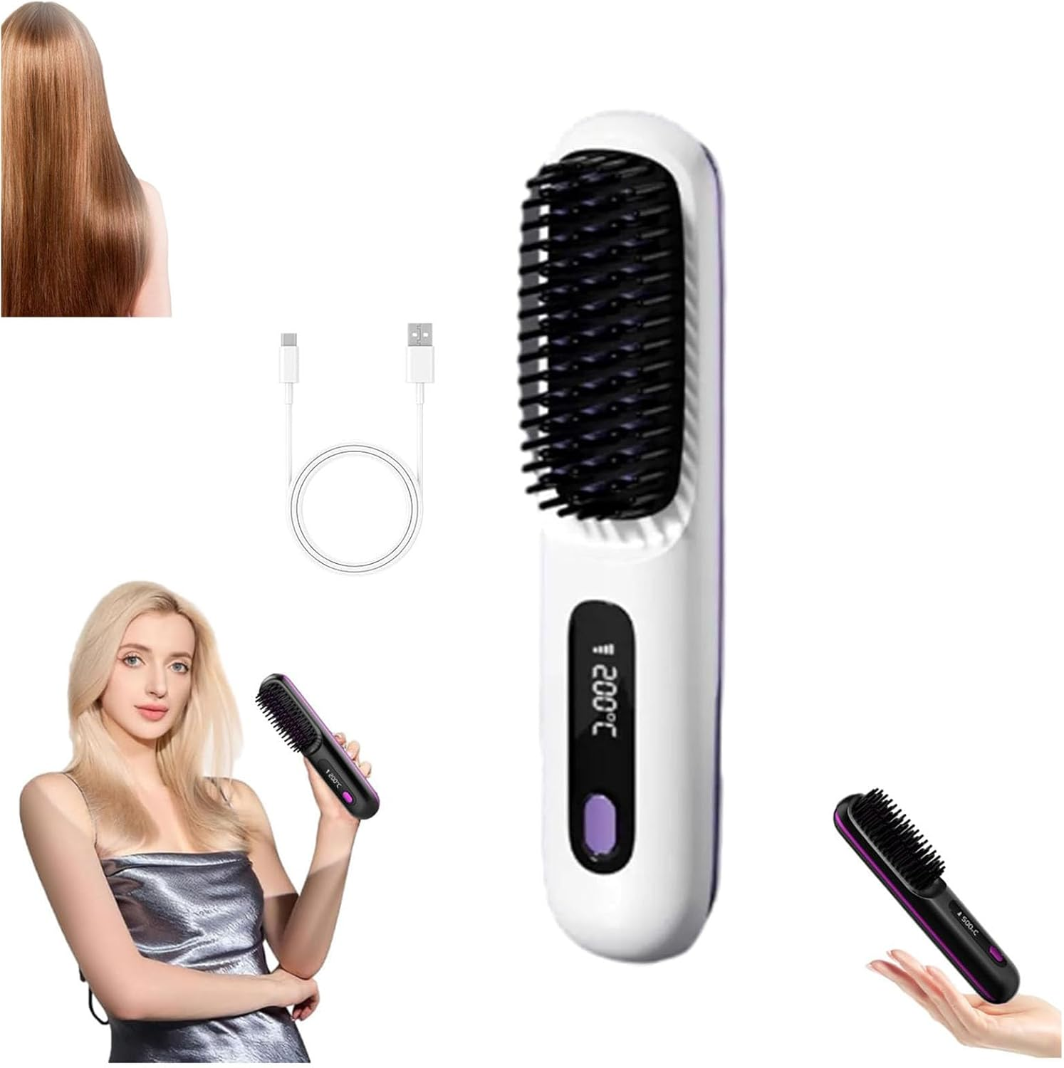 Bellabrush Pro Cordless Hair Straightener Brush (C), 35W, 200&deg;C Max, 7.4V, 3 Heat Settings, All Hair Types, Battery Powered