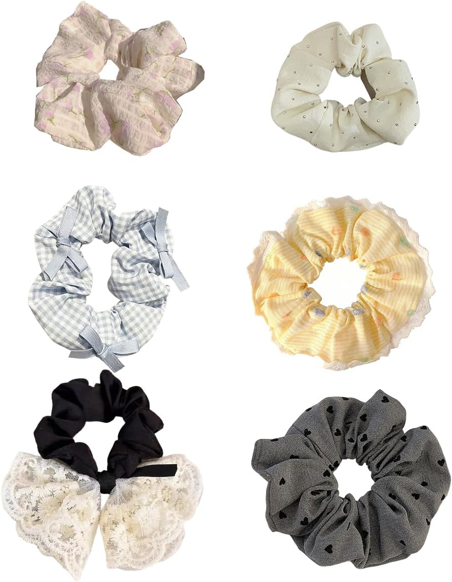 Pack of 6 Hair Bobbles Scrunchies for Women French Hair Accessories Retro Satin Elastic Thick Bands Hair Clip Hair Ties image number 5