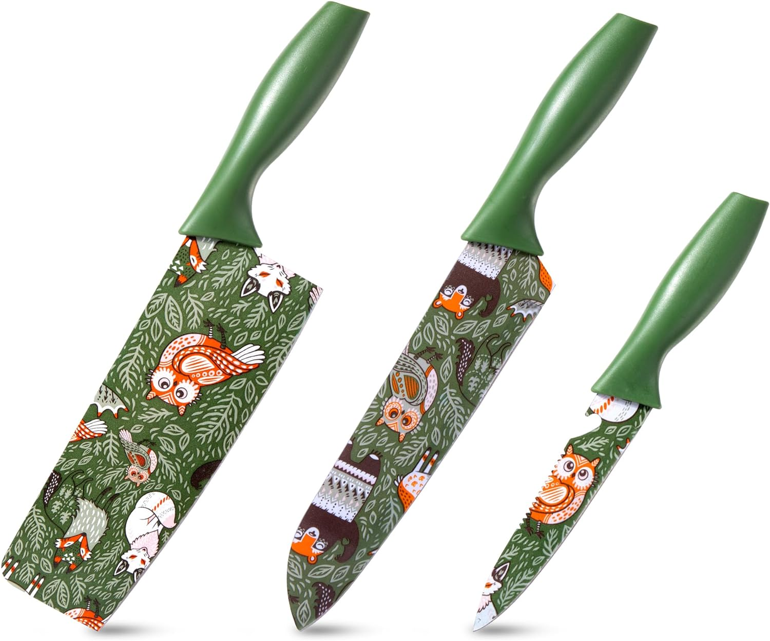 WILLKOMMEN Kitchen Knife Set 3 PCS, Professional Sharp Stainless Steel Chef&rsquo;S Knife Set, Food Grade Non-Stick Color Printing Animals Pattern Knives Set, Good Choice for Birthday, Housewarming (Green) image number 2