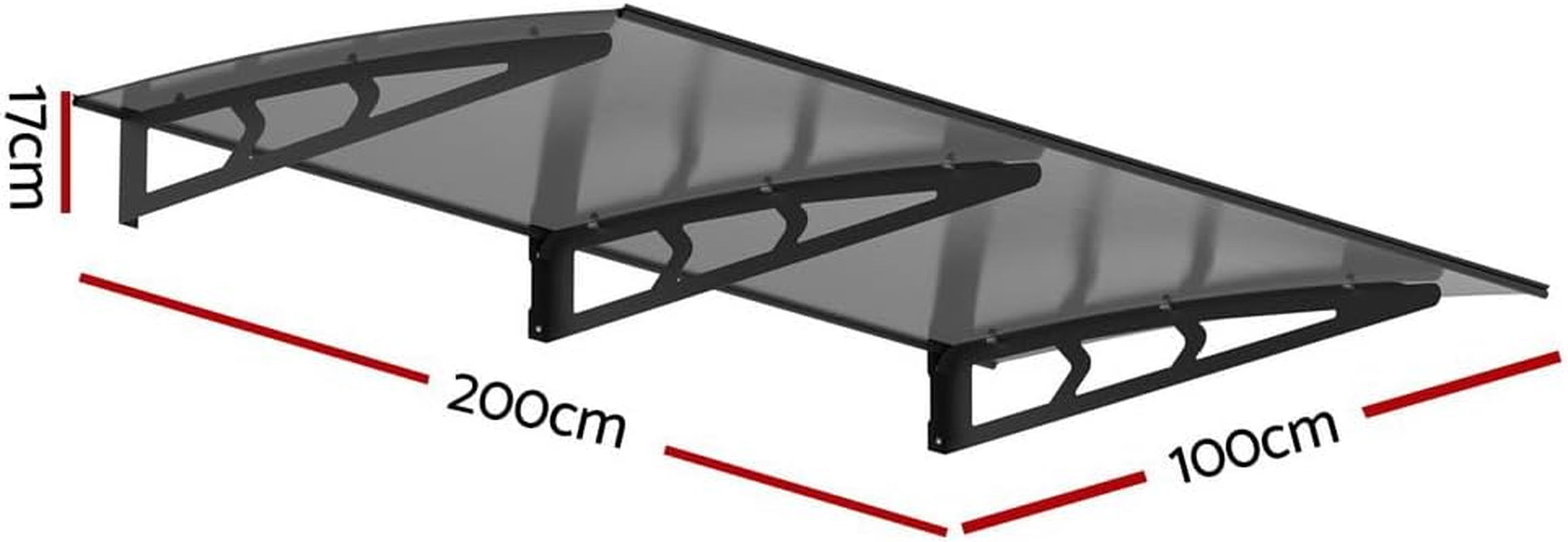 Instahut Window Awning, 1M X 2M Metal Frame Transparent Panel Outdoor Door Canopy Sun Shade Shelter with Black Bracket, Patio Terrace Garden Baconly Porch Shield Rain Snow Eaves Cover Protector Grey image number 3