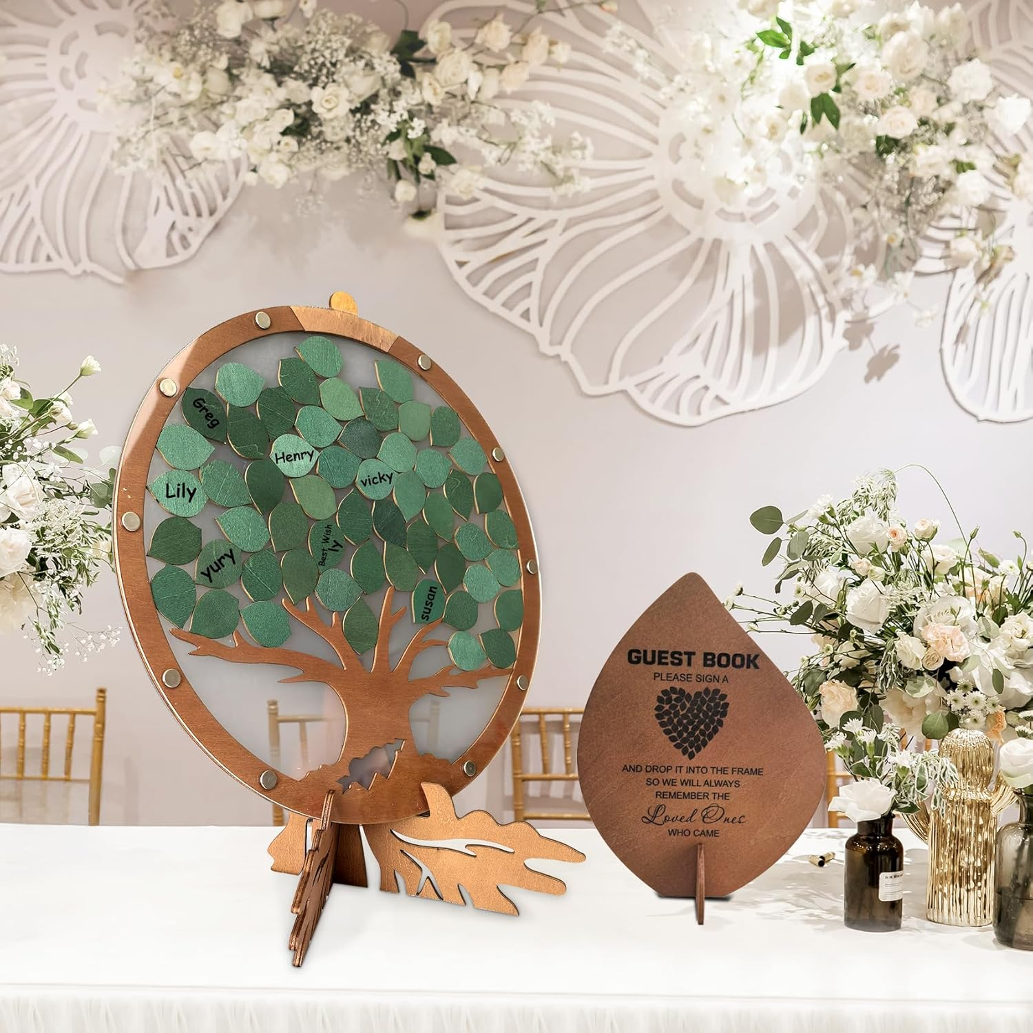 PAMBO Wedding Guest Book Alternative with 55 Green Leaves,Rustic Wooden Family Signing Tree Guest Book - 12" Handcrafted Wedding Decoration & Keepsake image number 3