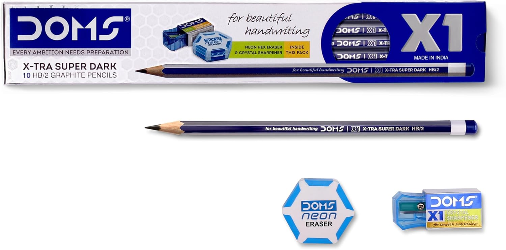 Doms X1 X-Tra Super Dark Pencils 1 Pack - 10 Pencils - 1 Eraser + 1 Sharpner + 1 Protection Cap Free image number 1