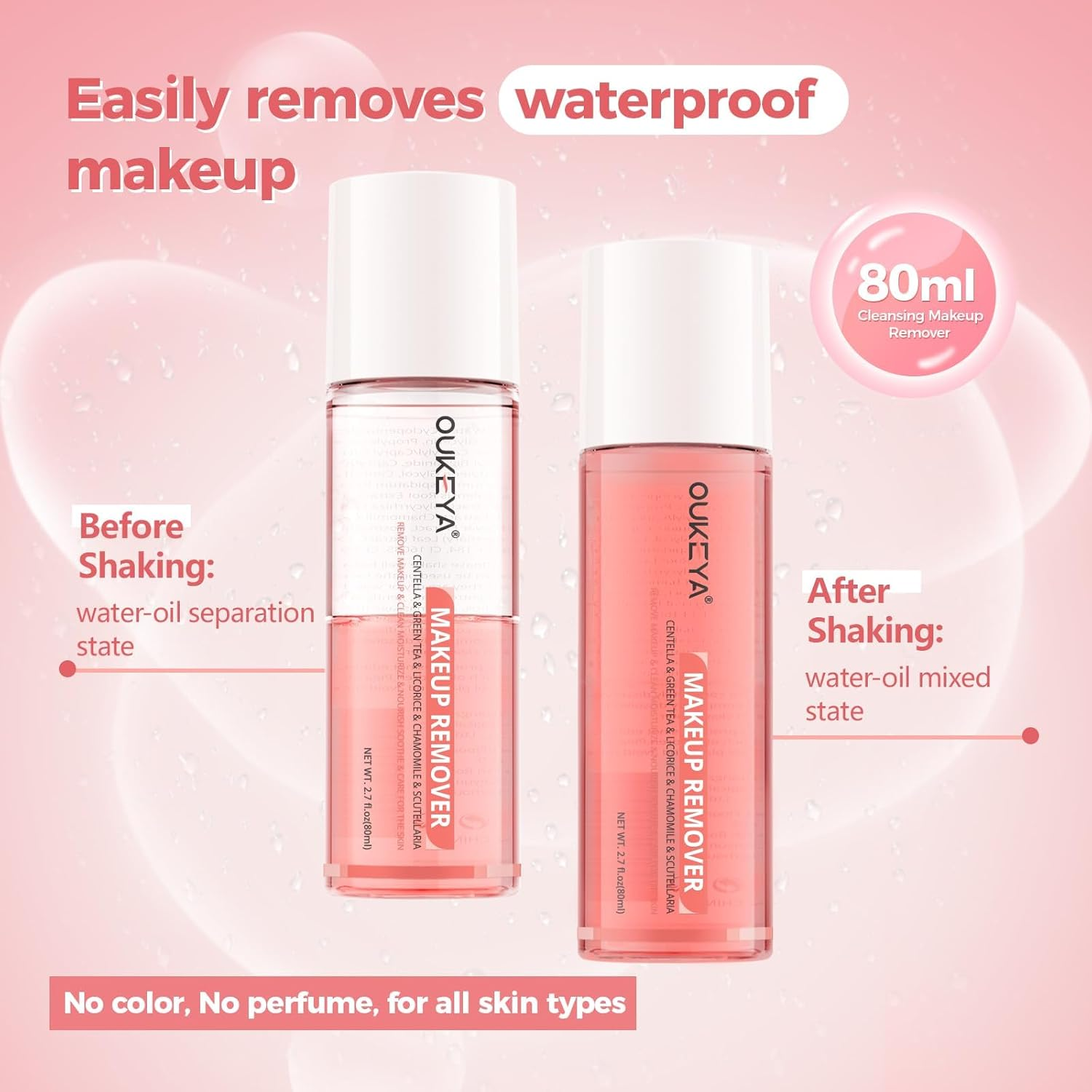 OUKEYA Eyes & Lip Heavy Makeup Remover, Waterproof Mascara Remover, Gentle Cleanser Liquid for Makeup with Natural Ingredients for Face, Normal Skin Types (80 Ml) image number 1