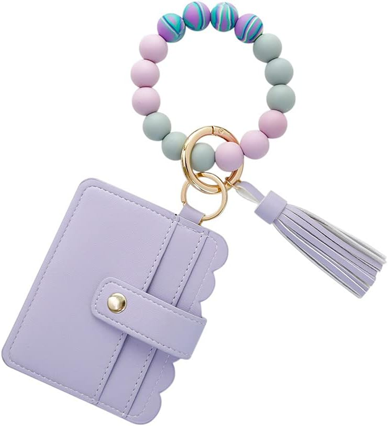 Silicone Beaded Bracelet Leather Keychain Wallet ID Card Holder Keyring Wristlet Bracelet Key Ring Chain Tassel Purse Women Girls Light Purple image number 3
