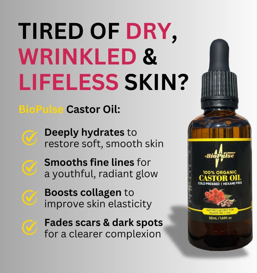 Biopulse Organic Castor Oil, 100% Pure Cold-Pressed, Hexane-Free - Stimulate Hair Growth & Hydrate Skin, Nourish Eyelashes, Brows & Nails with Natural Moisturising Oil (50Ml Glass Bottle) image number 4
