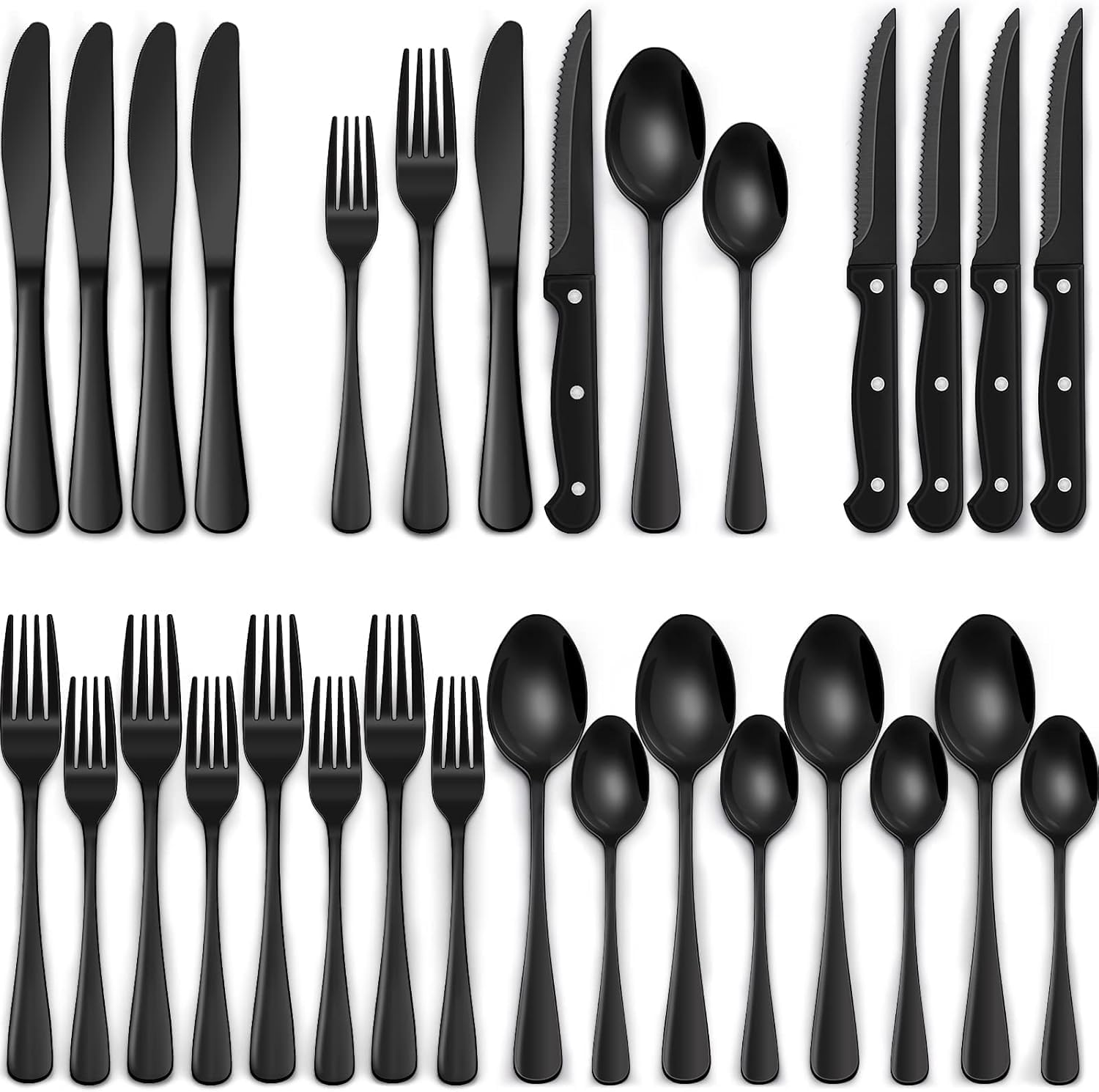 24-Piece Black Silverware Set, Stainless Steel Cutlery Set, Mirror Finish Flatware with Steak Knives image number 5