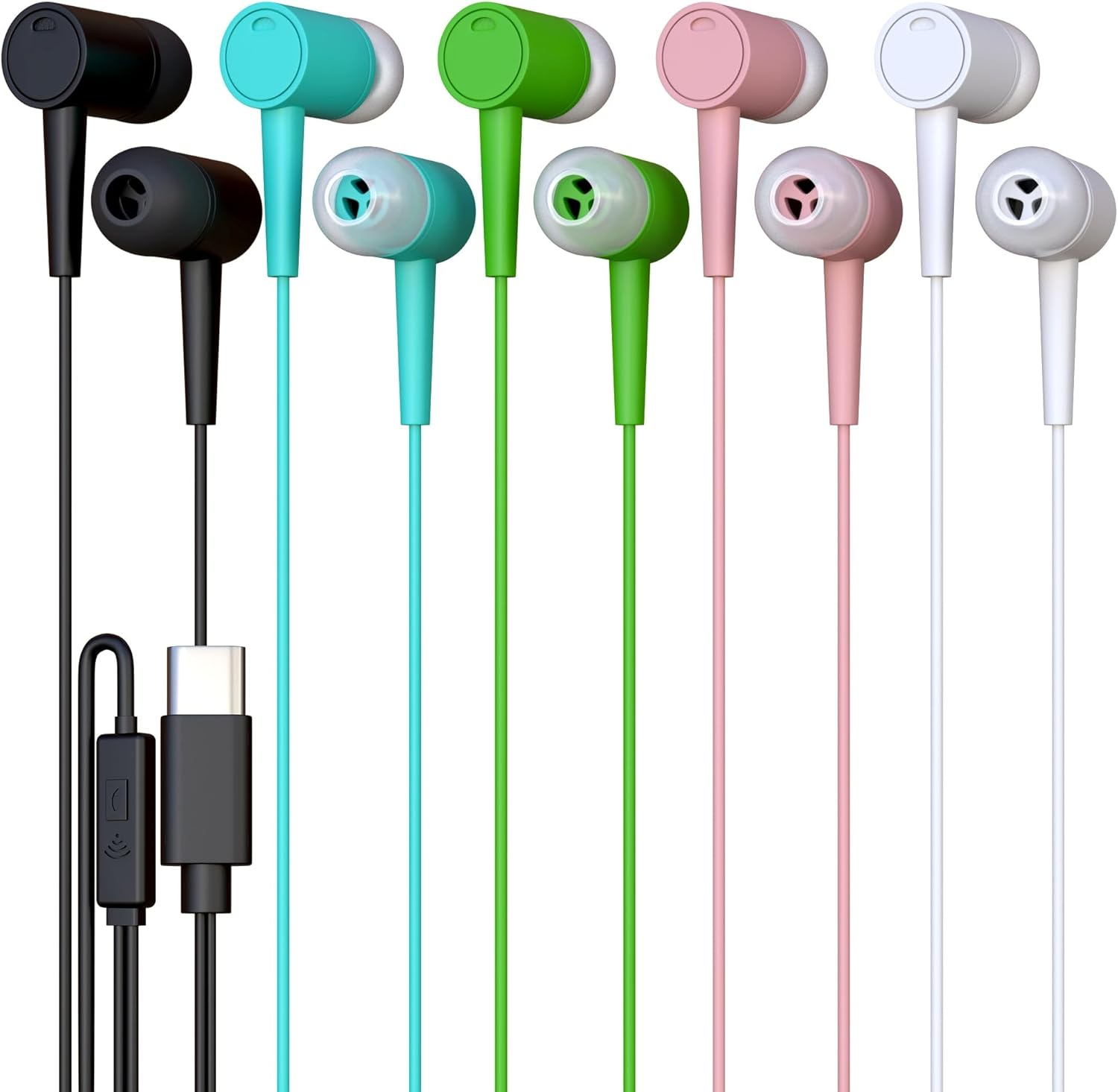 5 Pack Bulk Wired Earbuds, USB-C, In-Ear, Mic, Compatible with Phone, Tablet, Laptop, PC for School, Online Class, Meeting, Conference, Practice, Test, Mix