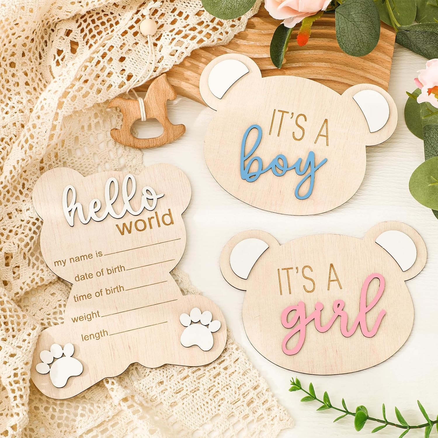 FYSUIMU 3Pcs Gender Reveal Sign for Baby Birth It' S a Boy Girl Bear Shaped Announcement Signs Wooden Hello World Newborn Welcome Sign for Baby Shower Photo Prop Keepsake image number 2
