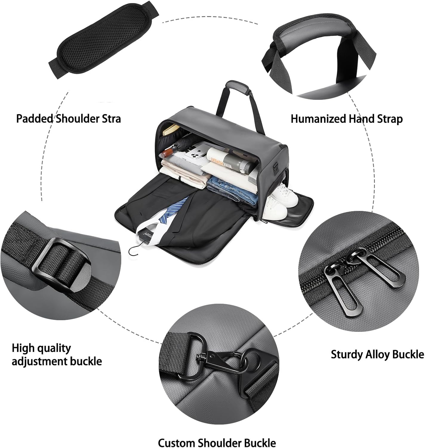 Garment Bags for Travel,45L Carry on Convertible Garment Duffle Bag for Men Women - 3 in 1 Hanging Suit Travel Bag with Shoulder Strap, Grey, 1.72 Feet X 0.85 Feet X 0.43 Feet, Professional Travel image number 5
