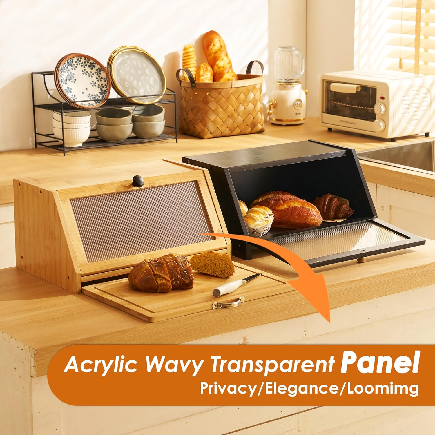 YOUDENOVA Bread Bin with Chopping Board, Bamboo Storage Box, Wooden Bread Basket Boxes Storage Bread Box for Bread, Salt and Pepper Mill, 39 X 25 X 20 Cm (L X W X H), Natural image number 5