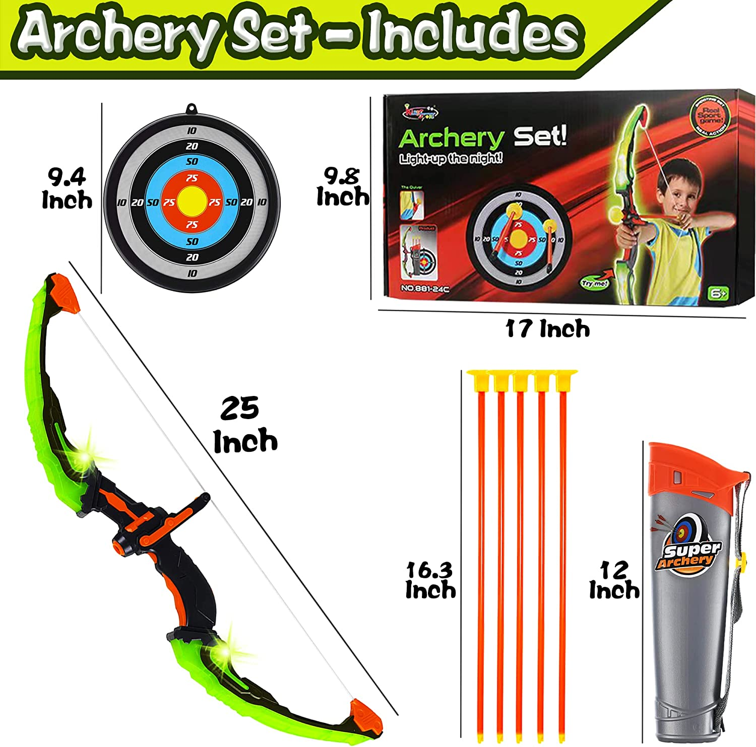 Dr.Kbder Bow and Arrow for Kids 8-12, Boys Toys Outdoor Sport Game, Green Light up Archery Toy Set with 5 Suction Cup Arrows, Target & Quiver, Ideal Christmas Birthday Gifts for Kids image number 4
