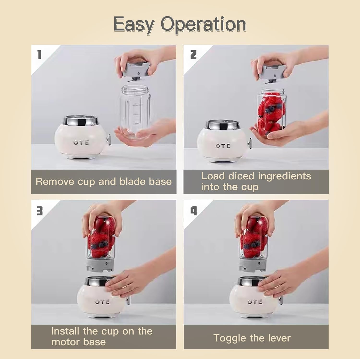 OTE Smoothie Blender, Retro Kitchen Small Glass Blender for Shakes and Smoothie with 400Ml Glass Container to Go (Beige) image number 2