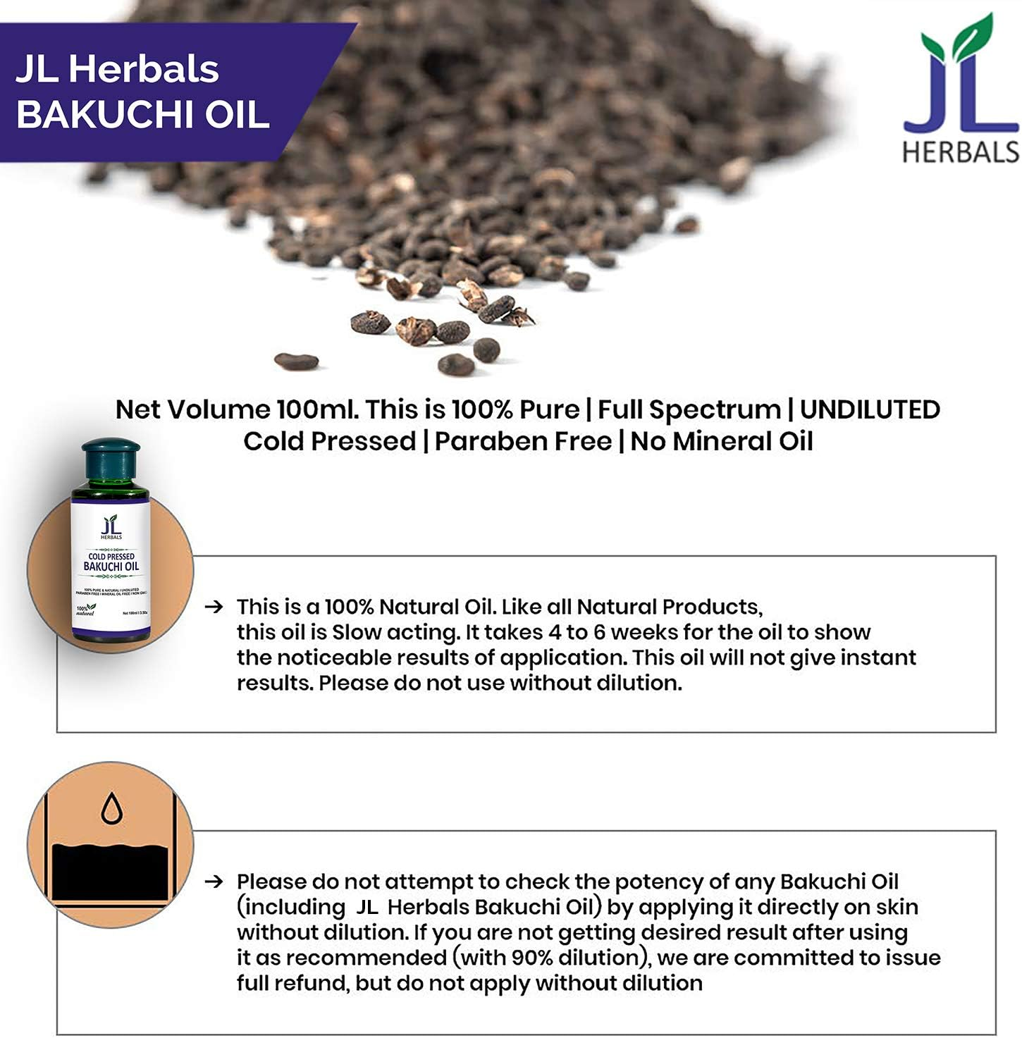 JL Herbals Bakuchi Oil 100Ml (3.5 Fl.Oz) | Babchi | Psoralea Corylifolia | 100% Pure & Undiluted | Cold Pressed | for External USE ONLY | USE after Dilution image number 2