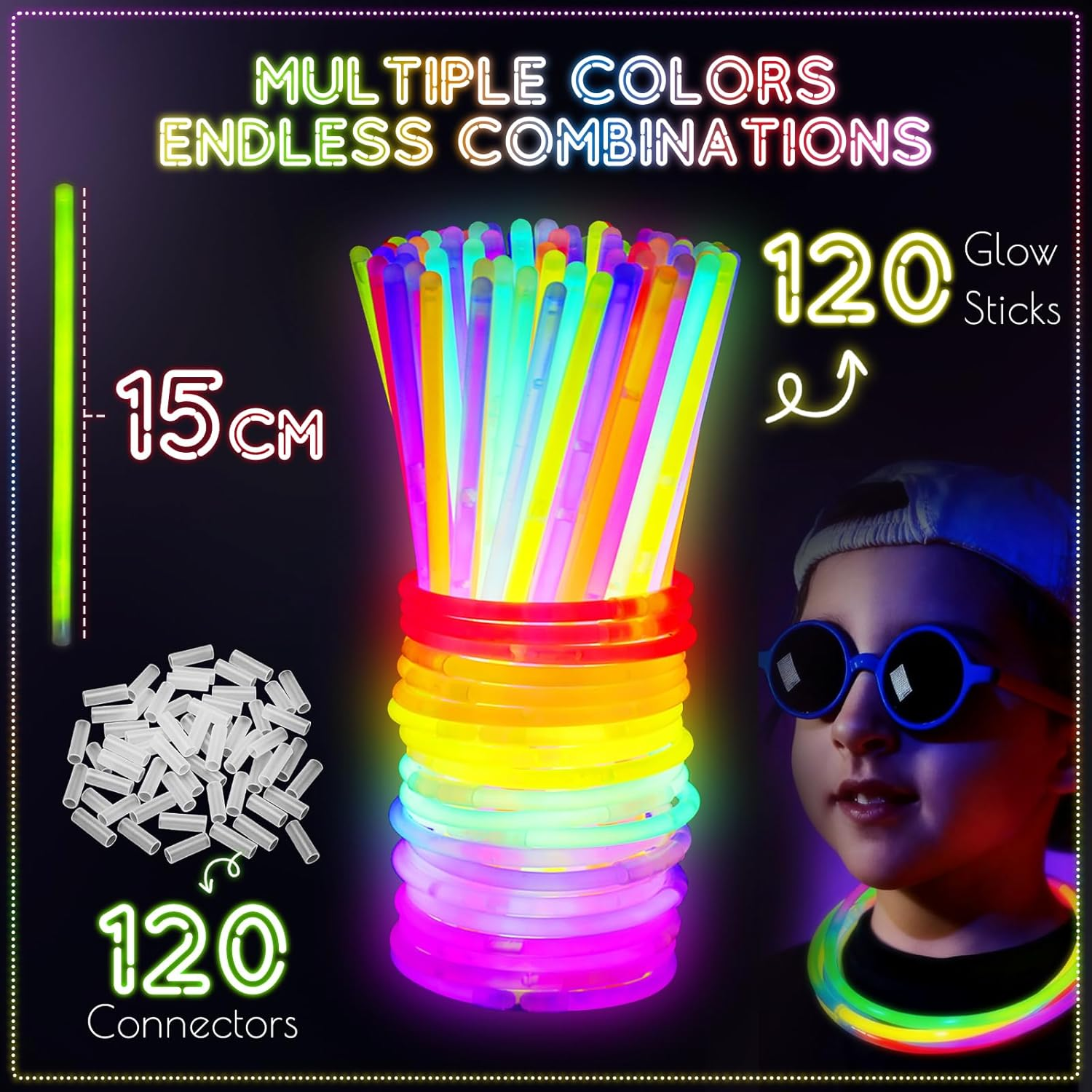 Wukong Glow Sticks 120 PCS - Ultra Bright 6 Colours Glow in the Dark Party Supplies with Connectors for Bracelet Necklace, Glowsticks Party Favours for Halloween, Christmas, Birthday Party Decoration image number 1