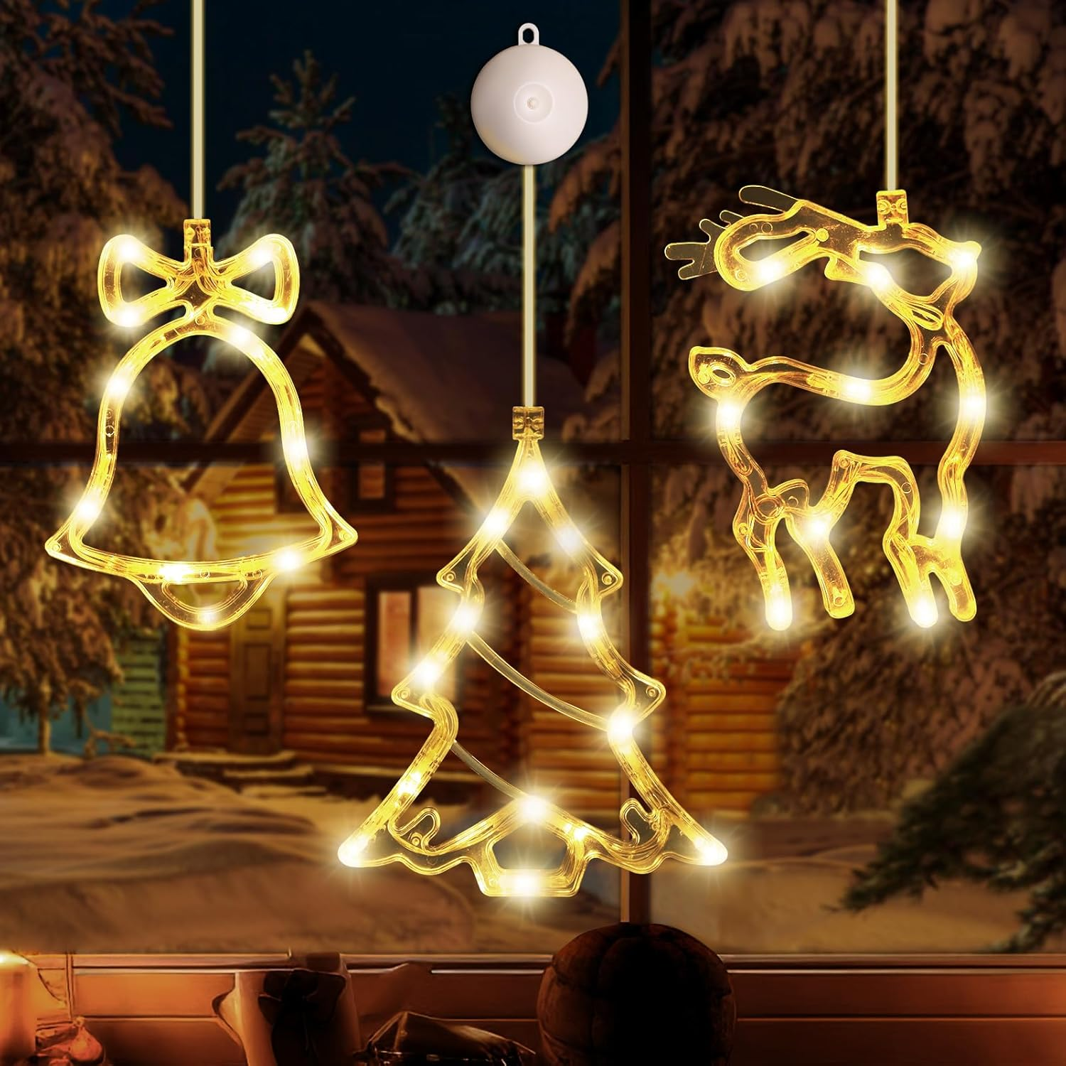 Bigqin 3PCS LED Christmas Lights, Elk Bell Window Lights with Suction Cups, Battery Type Christmas Decoration Curtain Lights, Christmas Tree Lights for Bedroom Room Outdoor (Battery NOT Included) image number 2