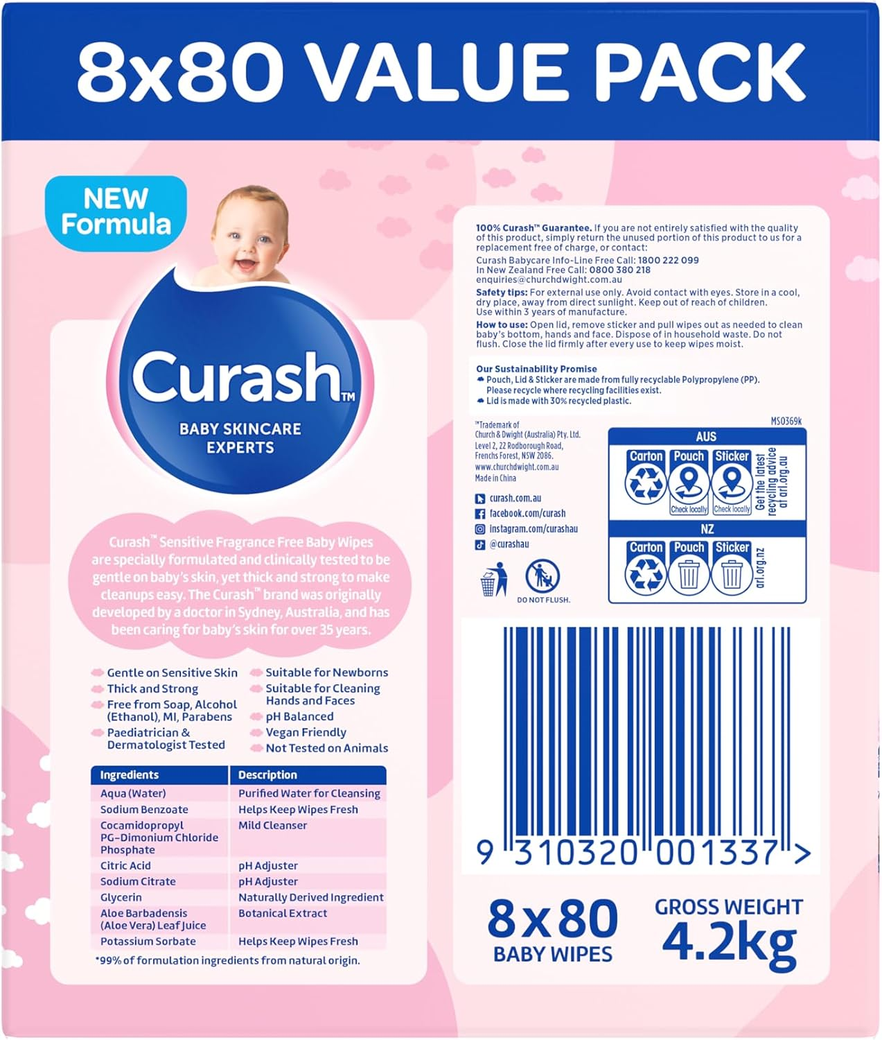 New Formula Curash Fragrance Free Baby Wipes, 8X80 Pack, for Sensitive Skin, Suitable for Newborns, Thick & Soft Texture, No Soap, Alcohol or Parabens, Everyday Cleansing and Nappy Changes, 640 Wipes image number 4