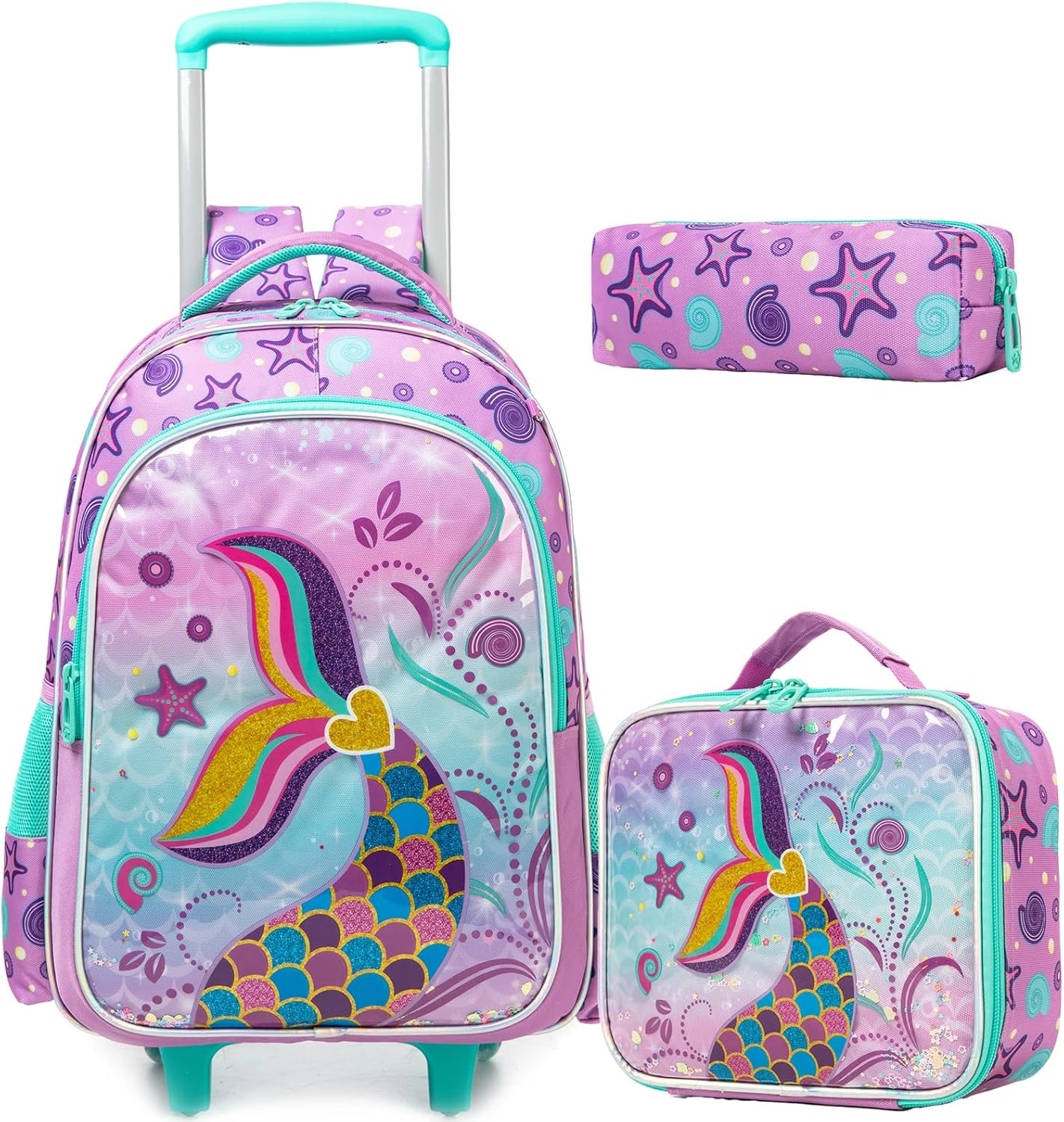 ZBAOGTW Rolling Backpack for Kids with Lunch Box Kids Backpack with Wheels for School, Blue Green Mermaid, 20 Liters