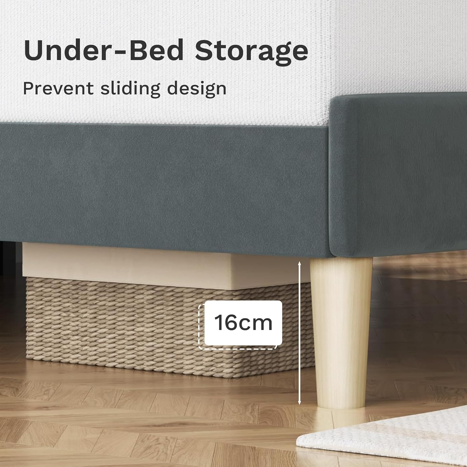 Velvet Upholstered Twin Bed Frame - No Box Spring Needed Platform Bed with Storage Space & Noise-Free Metal Support, Easy Assembly Modern Bedroom Furniture (Grey, Twin) image number 4