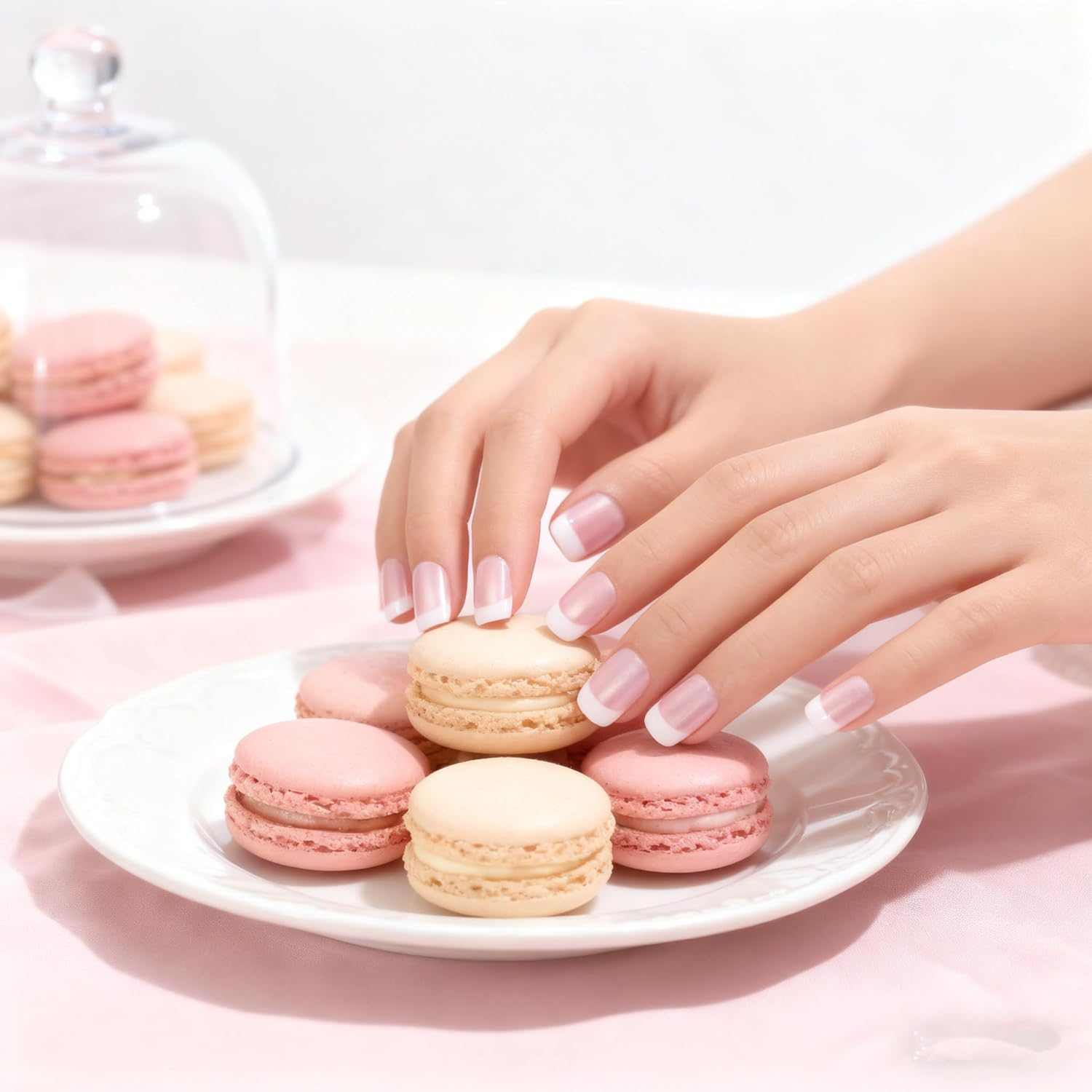 Elevenail Summer Nails Glossy Pearl Pink White French False Nails Short Squoval Press on Nails Fake Salon Manicure Faux Ongles Reusable Nail Art Tips Gift for Women and Girls image number 6